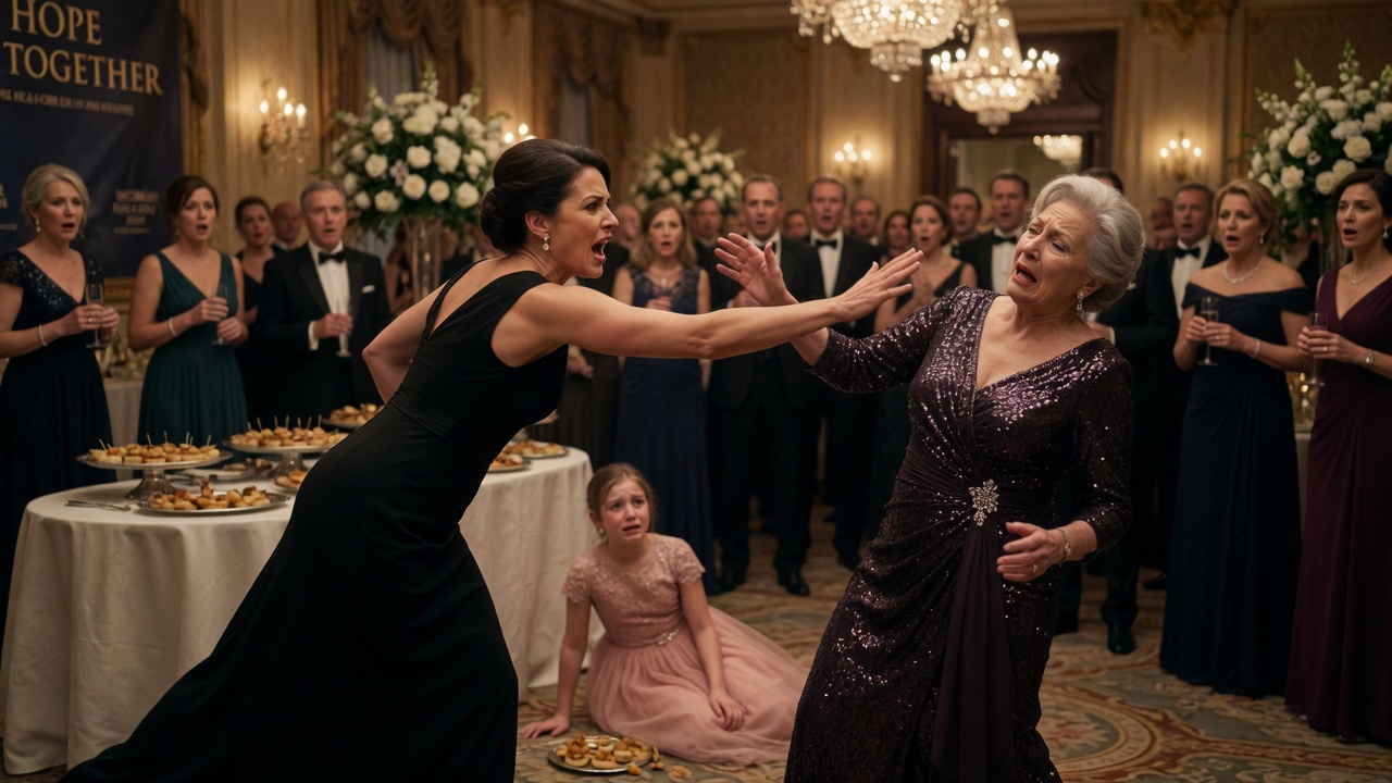 My mother-in-law shoved my six-year-old daughter to the floor at a charity gala for touching food with her hands. Before anyone could react, I crossed the ballroom and slapped her.