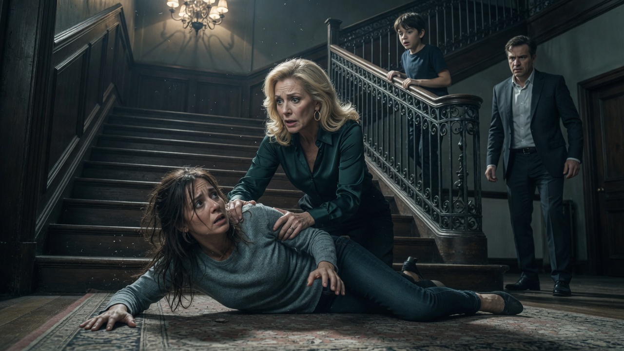 My husband’s mistress shoved me down the staircase while our son watched from the upstairs railing. She was still pretending to save me when he stepped out and said, “I saw everything.”
