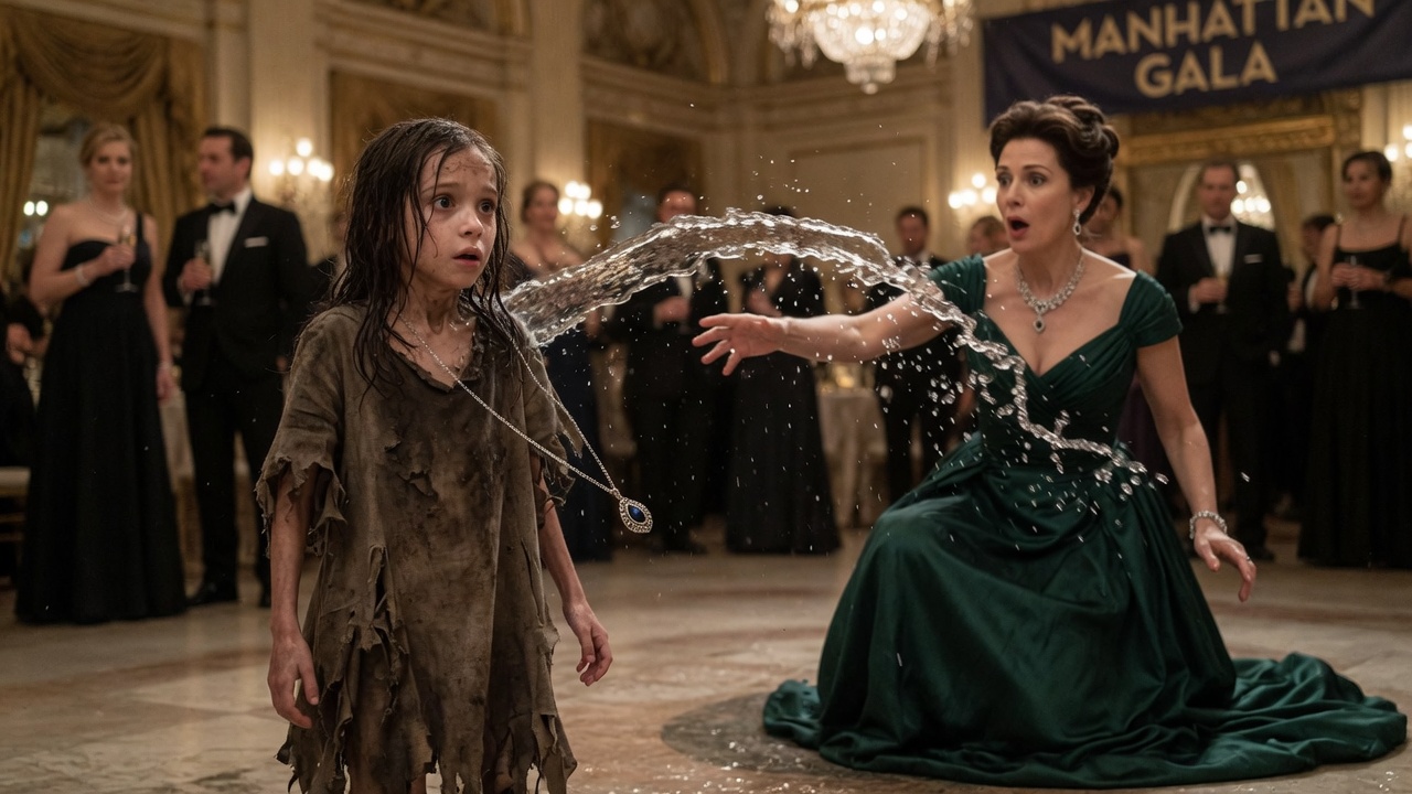 I was a starving little girl when a wealthy woman threw water at me during a Manhattan gala. Then my necklace fell out—and she dropped to her knees.