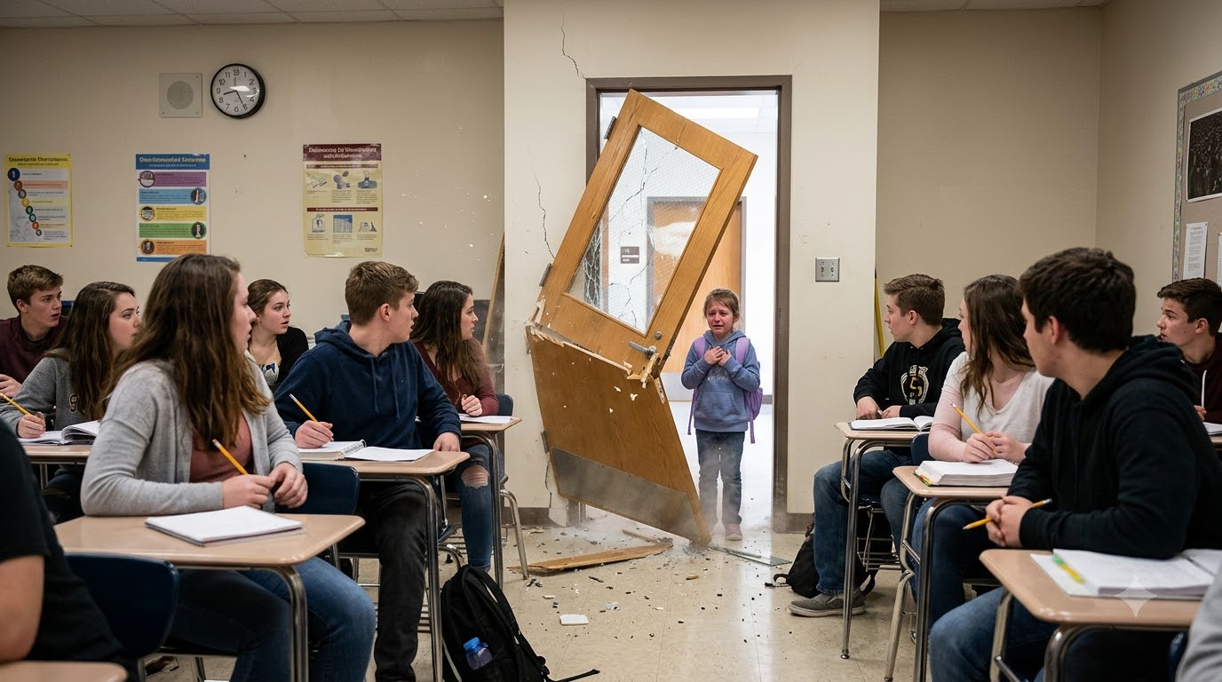 The classroom door didn’t just open—it EXPLODED inward, slamming so hard the walls seemed to flinch. Conversations snapped mid-word. Chairs froze mid-scrape. And then came the sound that didn’t belong there—a little girl crying like her world had just shattered.