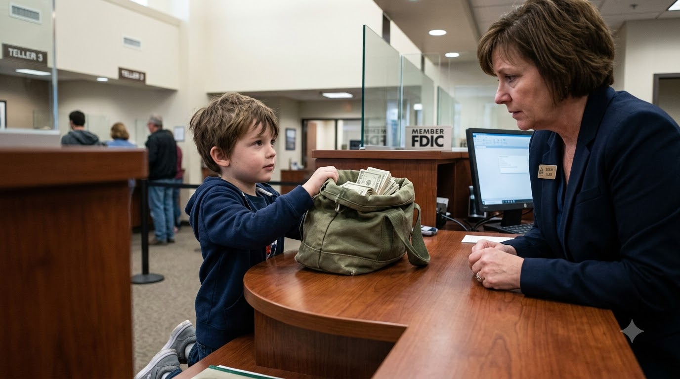 A five-year-old boy dropped a bag of cash on my bank counter and quietly said, “My mom told me to bring this here if something happened to her.”