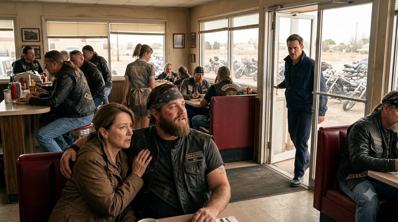 I walked into a roadside diner full of bikers and asked a stranger to pretend he was my son—then the man I was hiding from walked through the door.