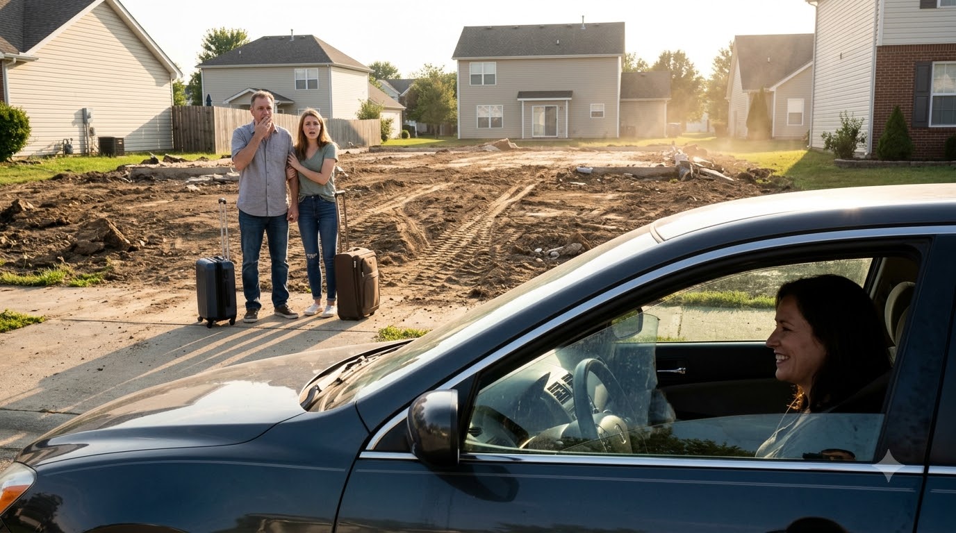 My husband left me for a younger woman and took our entire family overseas for his wedding. He texted: 'Be gone when we return. I hate old things. I work hard, so I deserve a new life.' When they came back laughing, they found nothing but empty land where our home used to be. Their faces turned white. I watched from my parked car and couldn’t stop smiling.