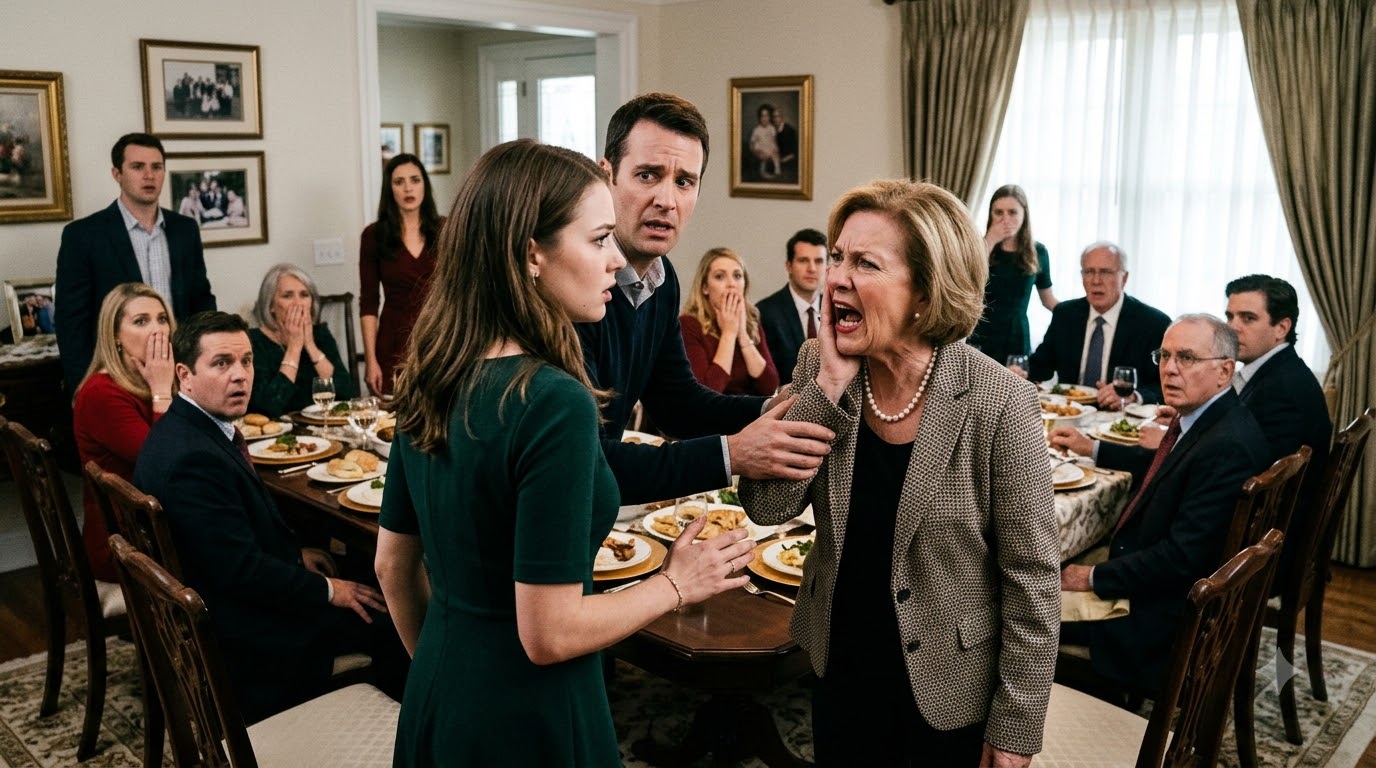 My mother-in-law slapped me across the face in front of my husband’s entire family—so I slapped her back, and the secret she screamed afterward changed my marriage forever.