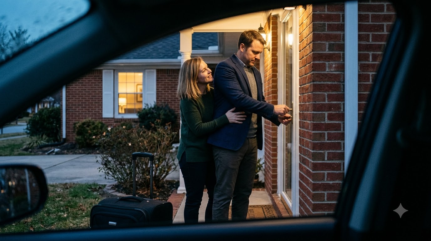 I came home from my business trip two days early to surprise my husband—then watched him unlock our front door with another woman’s hand wrapped around his waist.