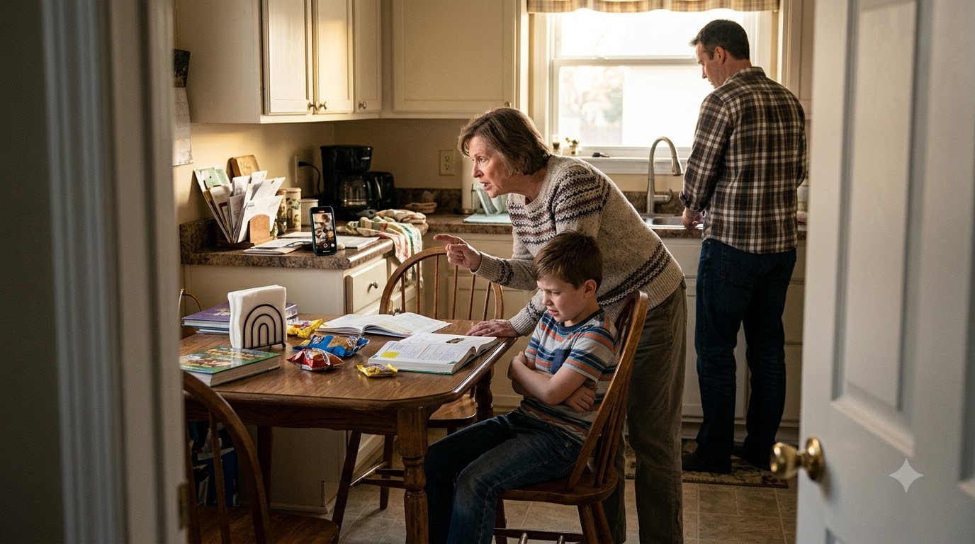 I came home from work early and found my mother-in-law hitting my eight-year-old son—then I noticed my husband’s phone recording everything from the kitchen counter.