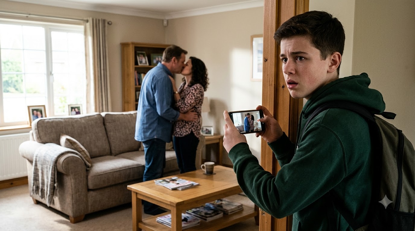 My son came home from school early and found his father kissing another woman in our living room—then he secretly started recording everything.