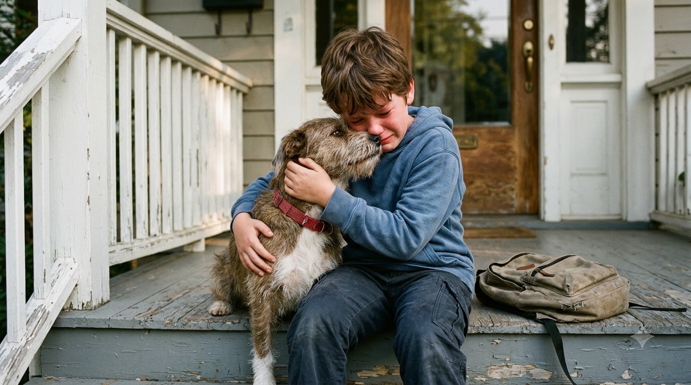 My mother-in-law threw my son’s dog out because she said he was “filthy”—and when my son came home from school, I found him sitting on the porch clutching that dog and sobbing.