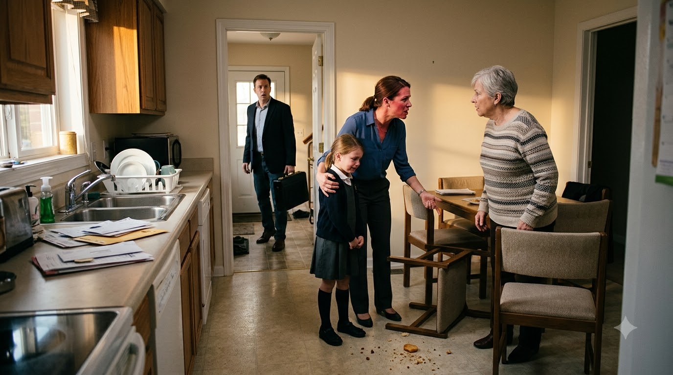 I came home from work and found my mother-in-law forcing my seven-year-old daughter to pick food off the floor and eat it—what happened next made my husband freeze in the doorway.