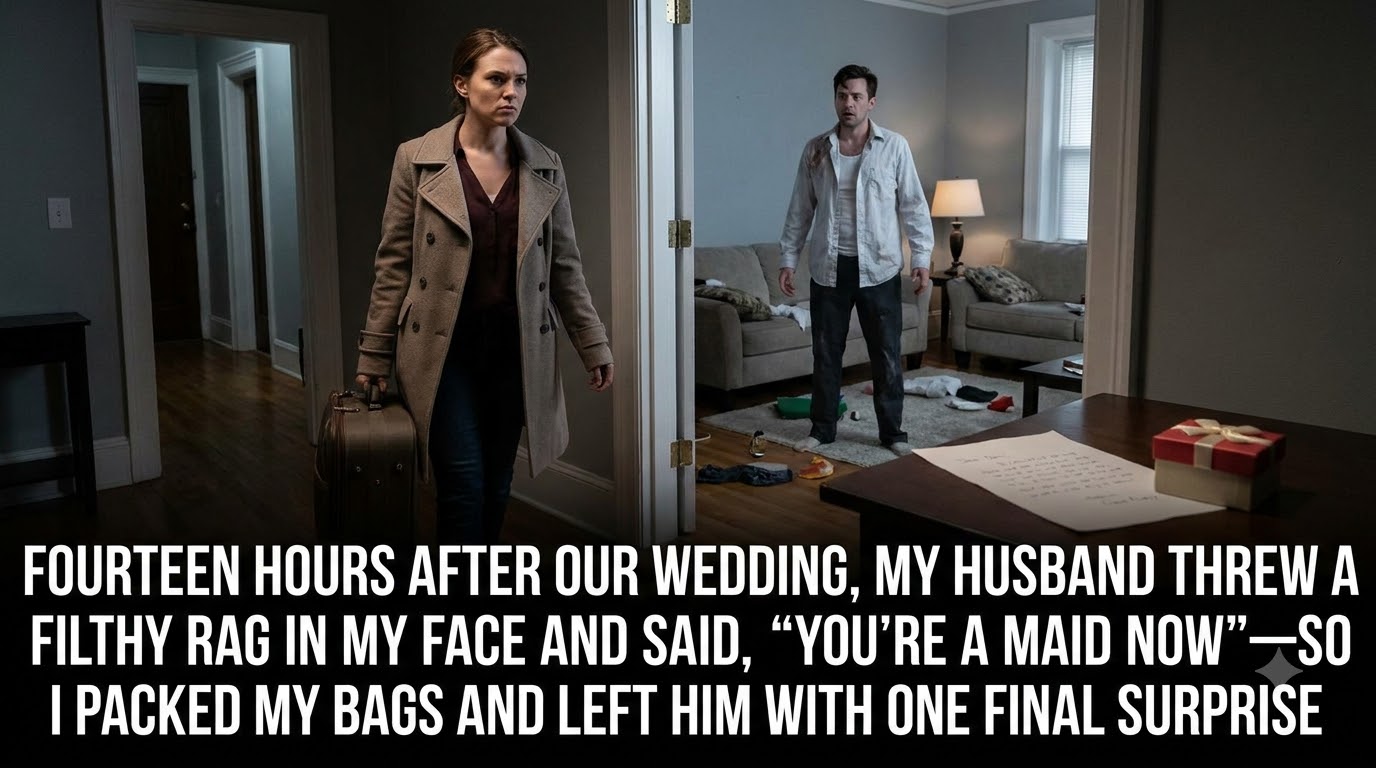 Fourteen Hours After Our Wedding, My Husband Threw a Filthy Rag in My Face and Said, “You’re a Maid Now”—So I Packed My Bags and Left Him With One Final Surprise