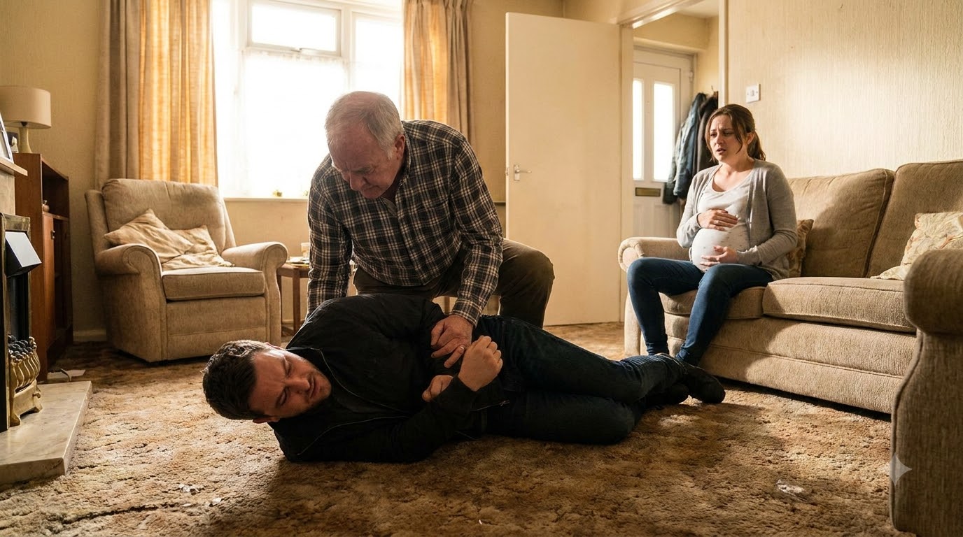 My husband hit my eight-month-pregnant belly and raised his foot like he was about to do it again—then my father walked through the door and slammed him to the floor.