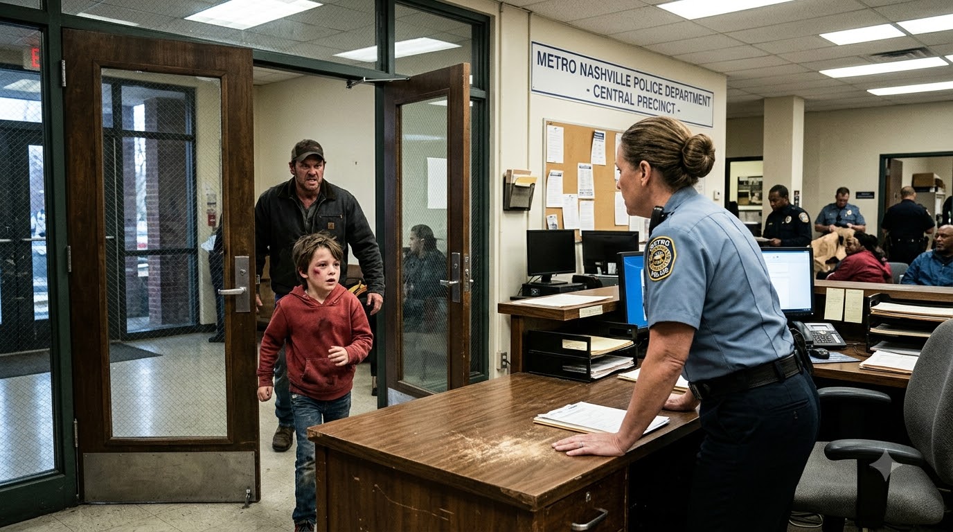 A bruised little boy burst into our Nashville police station screaming for help—and the man chasing him stopped dead when he saw me behind the desk.