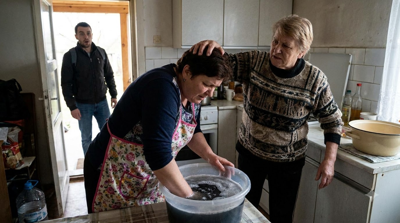My mother-in-law shoved my head toward a bucket of dirty mop water and called me lazy, thinking her son was hundreds of miles away. Then the front door opened.