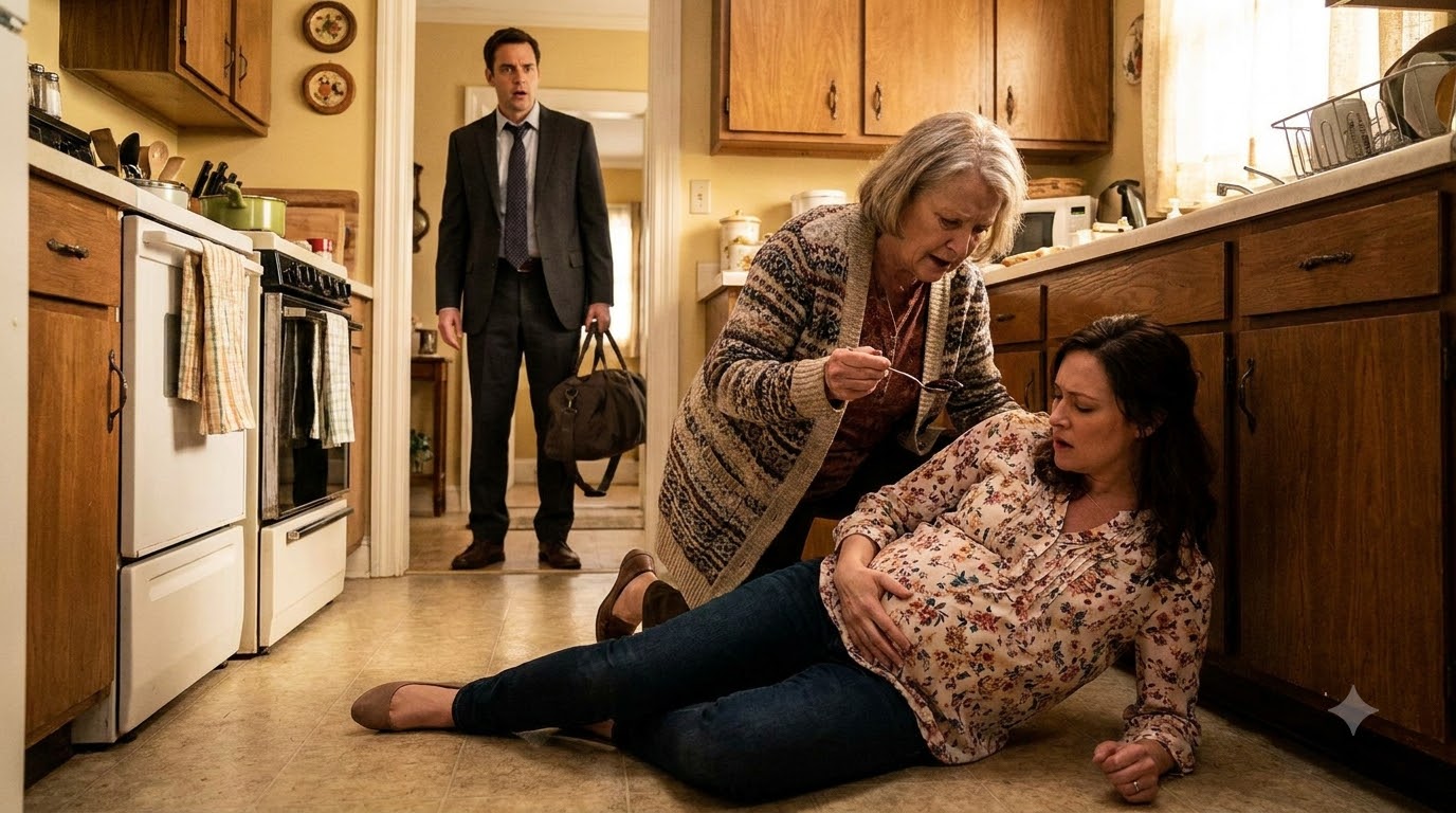 I was nine months pregnant when my mother-in-law pinned me against the kitchen floor and tried to force a thick black liquid into my mouth. She thought her son was still away on business—until the front door opened.
