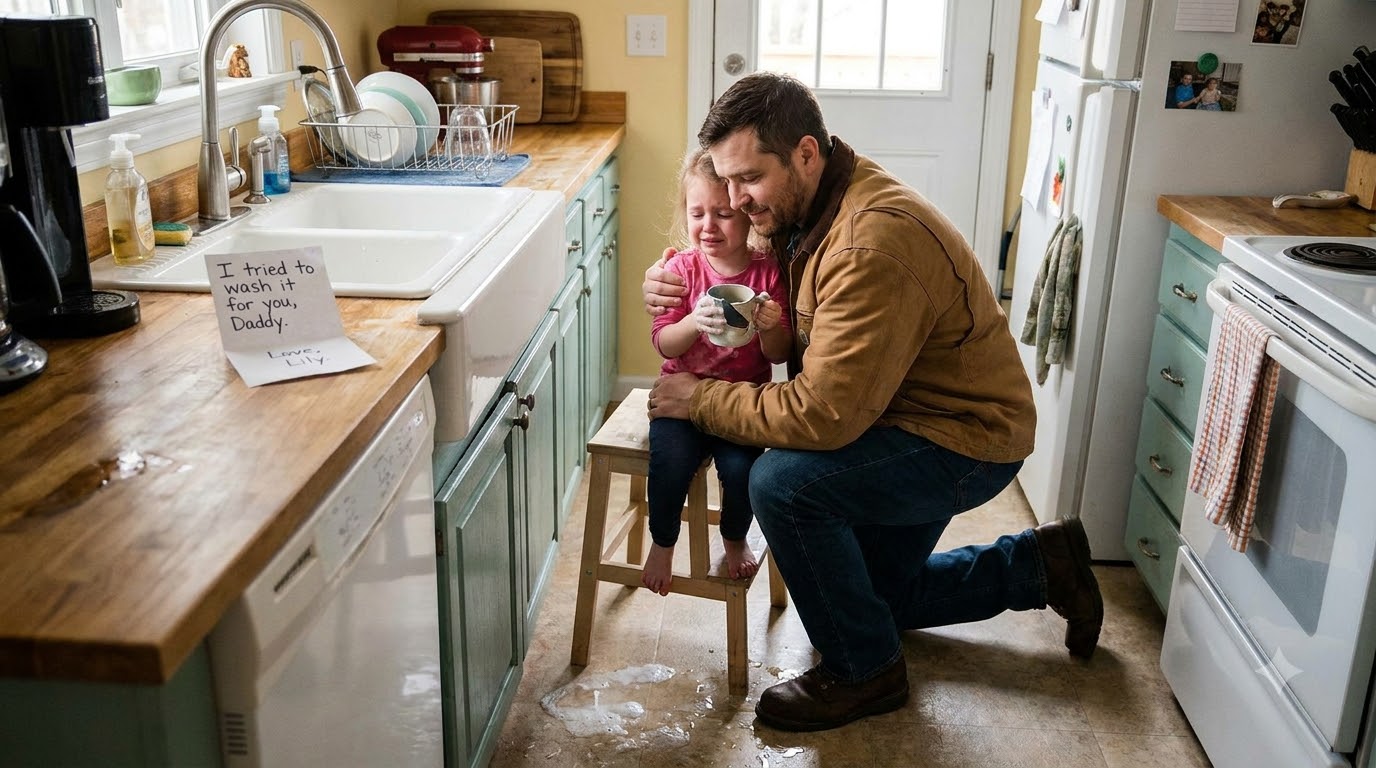 A 4-year-old girl was crying at the sink when her father came home early… and what he witnessed changed EVERYTHING. 😳💔