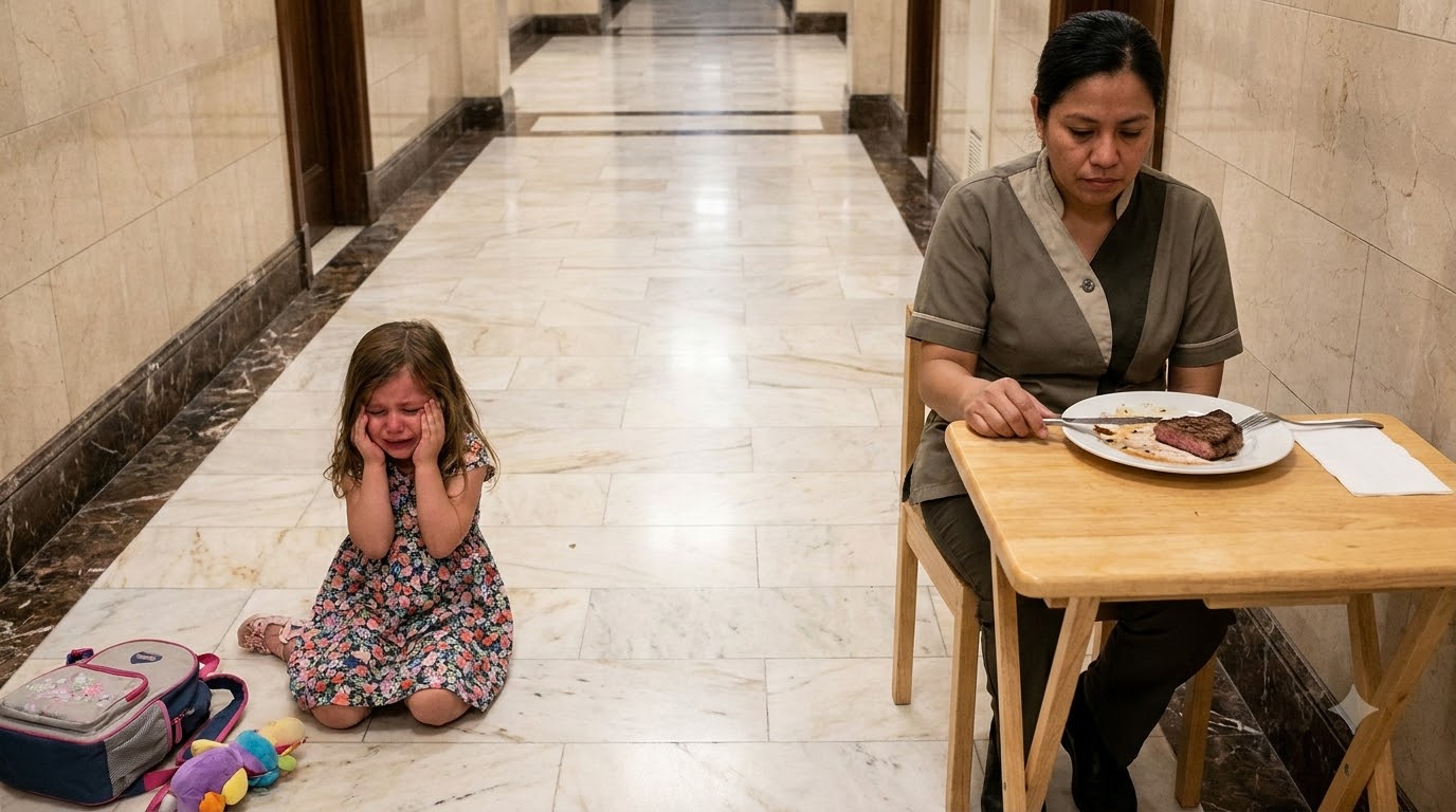 A 4-year-old girl was sobbing on the marble floor—while the housekeeper sat nearby eating steak… 😢💔