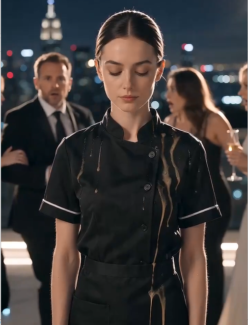 Nobody moved.  The rooftop remained frozen beneath the glow of the city lights.  Every pair of eyes stayed fixed on the diamond necklace resting against the waitress's collar.