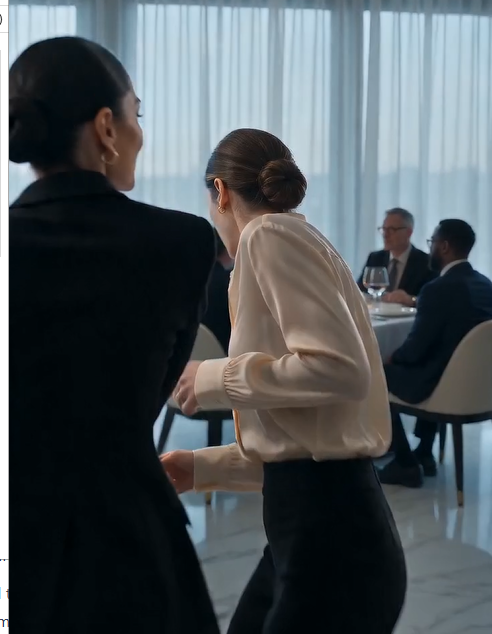 Sarah staggered back, her cheek burning. Before she could even steady herself, the woman in the tight red dress—Lena—grabbed the front of Sarah’s modest blouse and ripped it open. Buttons scattered across the polished floor.