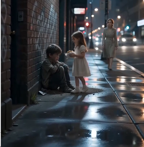 The little girl spotted him sitting alone against a cold brick wall.  His clothes were torn. His face was streaked with soot. His small hands were dirty and trembling.  She glanced down at the sandwich resting in her white-gloved hands.  Then she walked over.