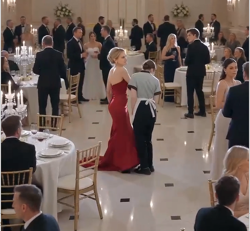 The faded photograph slid across the marble floor.  The entire banquet hall fell silent.  The young waitress stood trembling, tears streaming down her face as she pointed at the picture.