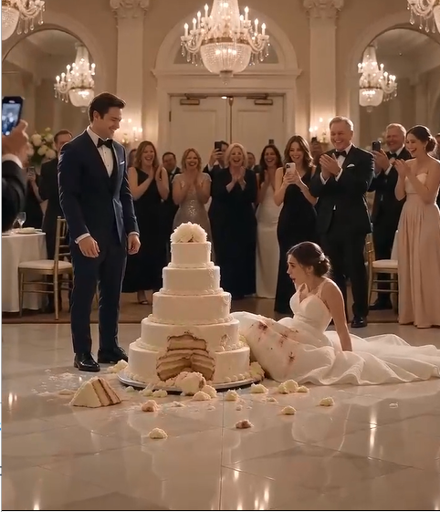The grand ballroom glittered beneath towering crystal chandeliers, every corner glowing with elegance. At the center of the reception stood a breathtaking five-tier wedding cake, surrounded by hundreds of smiling guests dressed in their finest. Laughter filled the room as cameras and phones were raised, everyone eager to capture what should have been the happiest moment of the evening.