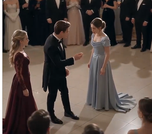 Inside a lavish mansion, elegance shatters in an instant when Valeria, a proud aristocrat draped in a shimmering blue gown, rips an antique pearl necklace from young Lucia's neck. The strand snaps with a sharp crack, sending pearls exploding across the polished marble floor.