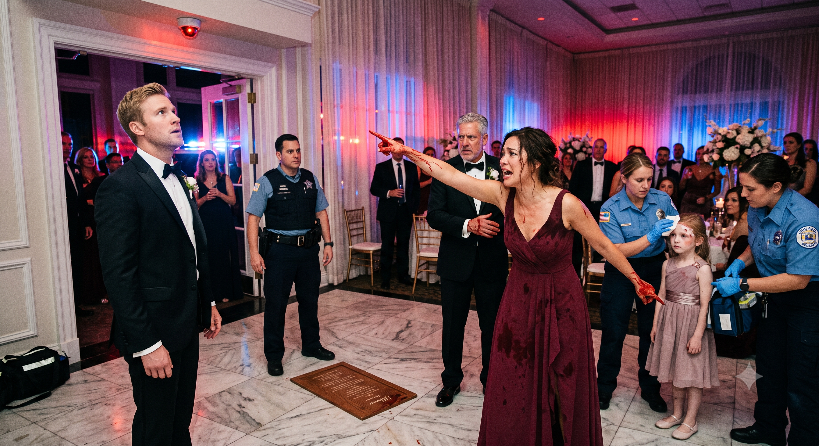 He Framed My 8-Year-Old Daughter at His Wedding… Then the Ballroom Security Footage Destroyed His Lie  The first thing I noticed wasn't my daughter.  It was her blood.  Bright crimson.