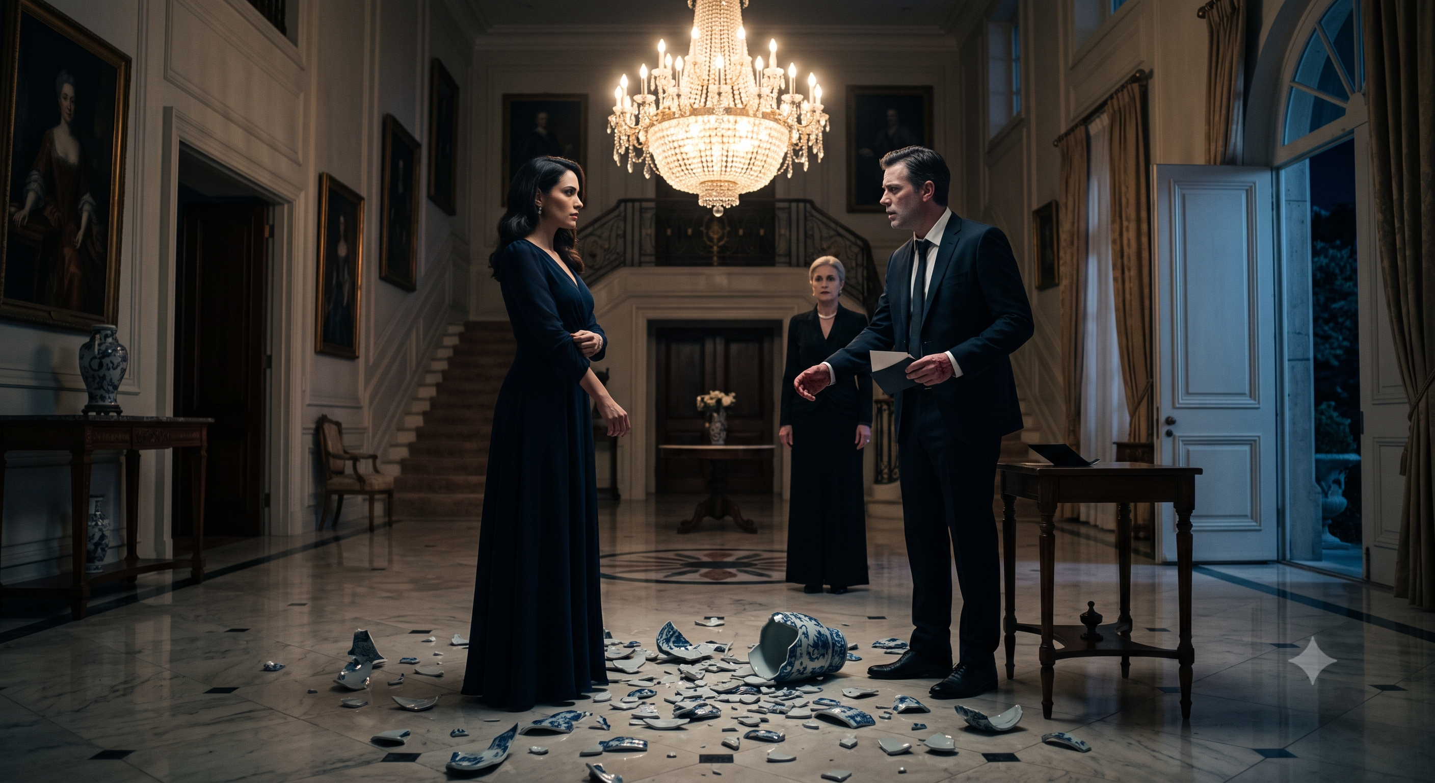 The priceless porcelain vase shattered across the polished marble floor. He seized her wrist, trying to force her into obedience. His mother stood beneath the chandelier, her face lit with pure malice.