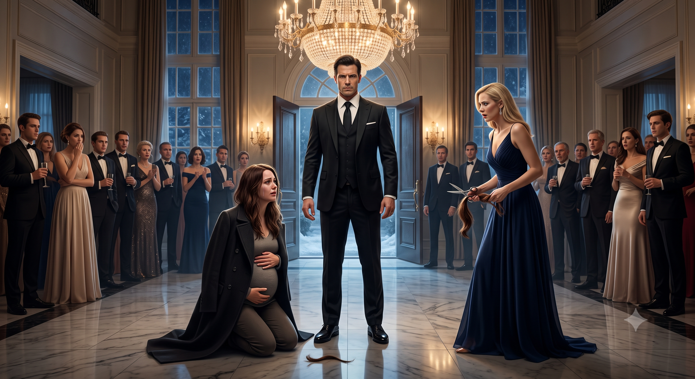 With those cold words, she raised a fistful of freshly cut hair and a pair of silver scissors while a pregnant maid knelt on the polished marble floor, surrounded by stunned guests gathered along the grand staircase.