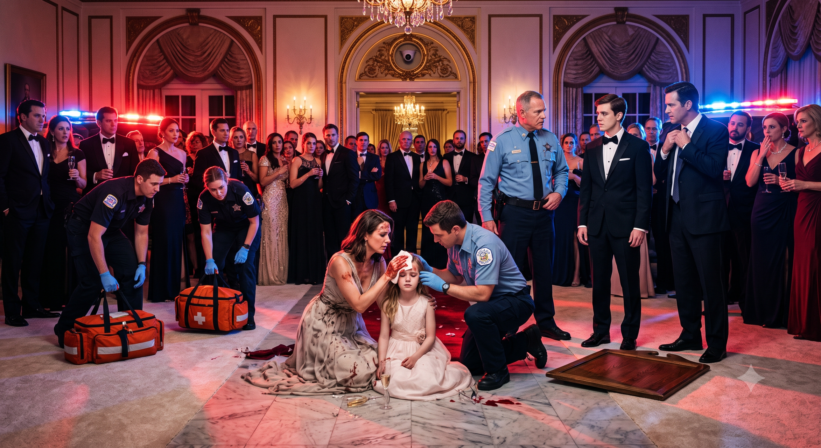 Chapter 1: The Red and Blue Lights  The heavy oak doors of the ballroom swung open.  Two Chicago police officers stepped inside, followed immediately by three paramedics. The flashing red and blue lights from their cruisers bathed the elegant hotel lobby in an eerie, frantic glow.