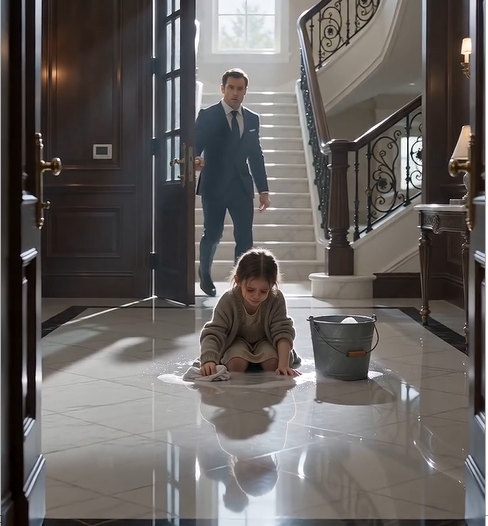 Inside the warm, elegant mansion, his little daughter Lily was on her knees, scrubbing the marble floor with shaking hands. Her dress was soaked, her face streaked with tears, and she looked far too cold for any child to feel inside her own home.