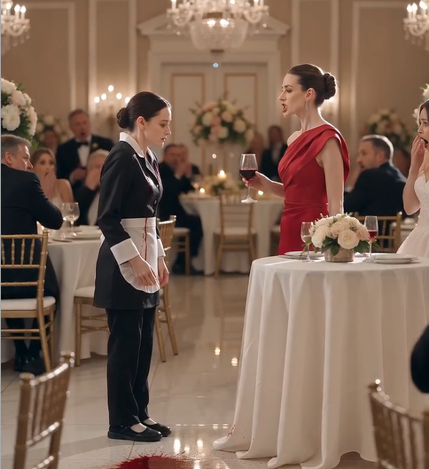 The first splash of red wine hit the waitress before the wedding cake had even been sliced.The ballroom went completely silent.