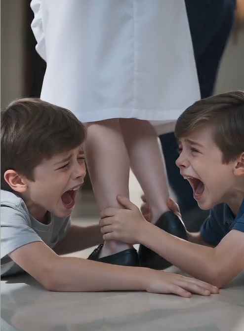 Her twin boys, Ethan and Evan, still clung desperately to her legs, sobbing so hard they could barely breathe.