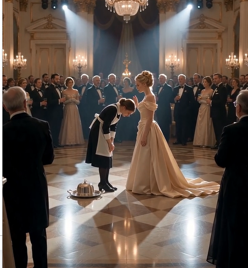 In the middle of a dazzling high-society ballroom gala ✨, an elegant older sister in a shimmering designer gown coldly reprimands a young maid for spilling a serving tray.