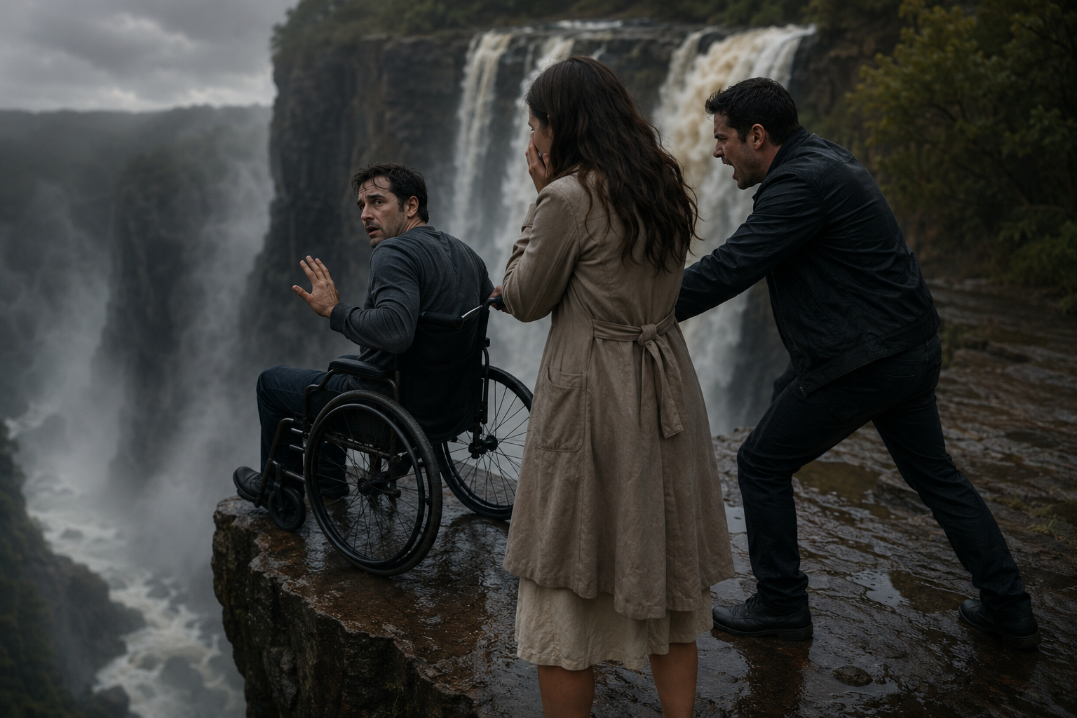 The woman and her lover exchanged a quick glance.  Everything had gone exactly as planned.  The wheelchair had disappeared over the edge.  The husband was gone.  And with him, they believed, went the final obstacle standing between them and a fortune worth hundreds of millions of dollars.  The woman dropped to her knees and screamed.  "My husband! Somebody help!"  Her tears looked convincing.  The lover pulled out his phone and pretended to call emergency services.  But then...  A voice echoed through the mist.  "Looking for me?"  Both of them froze.  Slowly, they turned toward the sound.  Standing several yards behind them was the husband.  Alive.  Unharmed.  And no longer sitting in a wheelchair.  For a moment, neither of them could breathe.  The woman's face turned pale.  The lover staggered backward.  "Impossible..." he whispered.  The husband took a step forward.  Then another.  Without assistance.  Without pain.  Without the wheelchair that had supposedly carried him for years.  The woman stared at him as if she were looking at a ghost.  "How...?"  The husband smiled.  A cold smile.  "The wheelchair that went over the cliff was empty."  The lover's eyes widened.  The husband pointed toward the rocks.  "I switched places twenty minutes ago while you two were busy arguing behind the waterfall."  The woman felt her knees weaken.  Then came another voice.  "Everything was recorded."  Several men emerged from the trees.  Police officers.  Detectives.  And behind them stood a private investigator.  The lover immediately tried to run.  He barely made three steps before officers tackled him to the ground.  The woman screamed.  "No! This is a mistake!"  The detective held up a tablet.  On the screen was video footage.  Every conversation.  Every text message.  Every meeting between her and her lover.  Weeks earlier, the husband had discovered messages discussing his murder.  At first he refused to believe it.  Then he hired investigators.  And what they uncovered was worse than he had imagined.  The affair.  The conspiracy.  The plan to inherit everything.  Even the exact details of today's "romantic trip."  The woman's legs finally gave out.  She collapsed onto the wet ground.  The husband looked at her silently.  "I begged you to stop."  Tears streamed down her face.  "I was desperate..."  "No," he replied.  "You were greedy."  The waterfall thundered behind them.  The same waterfall that was supposed to hide a murder.  Instead, it exposed one.  As officers placed handcuffs on both conspirators, the woman suddenly shouted:  "You're not even disabled, are you?"  The husband laughed softly.  The detectives exchanged amused glances.  For years the world believed he had lost the ability to walk.  But his recovery had begun months earlier.  Only a handful of doctors knew.  He kept it secret because he wanted to know who truly cared about him.  The answer had shattered his heart.  The woman he loved most had become the person who wanted him dead.  The lover was dragged toward a police vehicle.  The woman followed, crying and begging for forgiveness.  Neither received an answer.  As the patrol cars disappeared down the mountain road, the husband stood alone beside the waterfall.  For the first time in years, he felt something unexpected.  Freedom.  His fortune was still intact.  His company was safe.  But more importantly...  The two people who betrayed him had destroyed themselves.  The husband looked toward the horizon.  The storm clouds were finally breaking.  And while his marriage had ended on the edge of a cliff...  His new life was only beginning.