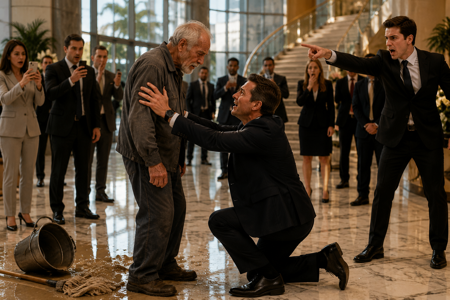 EVERYONE MOCKED THE OLD JANITOR... UNTIL THE CEO FELL TO HIS KNEES AND WHISPERED, "FATHER."
