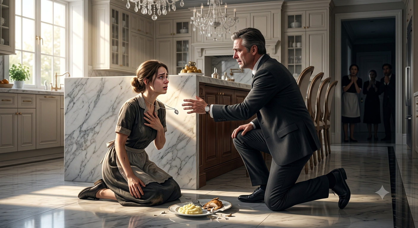 She Was Caught Eating Leftovers on the Mansion Floor... Then the Billionaire Saw Her Necklace and Fell to His Knees 😱