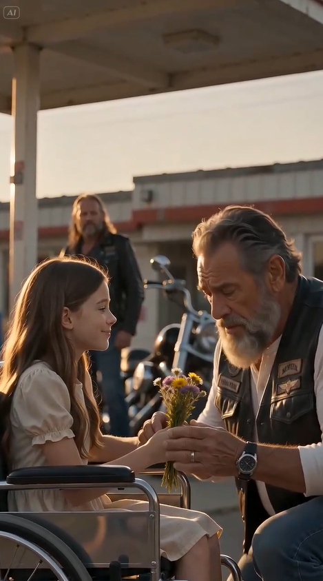 THE ENTIRE BIKER GANG WENT SILENT WHEN A LITTLE GIRL IN A WHEELCHAIR HANDED THEIR LEADER A BOUQUET… MINUTES LATER, HIS DARKEST SECRET SHOCKED THE WHOLE TOWN