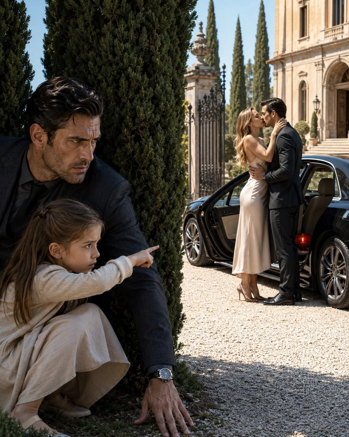 The crunch of heavy gravel under the tires of three black SUVs sounded like breaking bones.  Vittorio Morelli remained crouched behind the thick cypress trees, his fingers gently resting on Sophia’s trembling shoulder. His gaze, cold and unblinking, locked onto the man who had just stepped out of the lead vehicle.