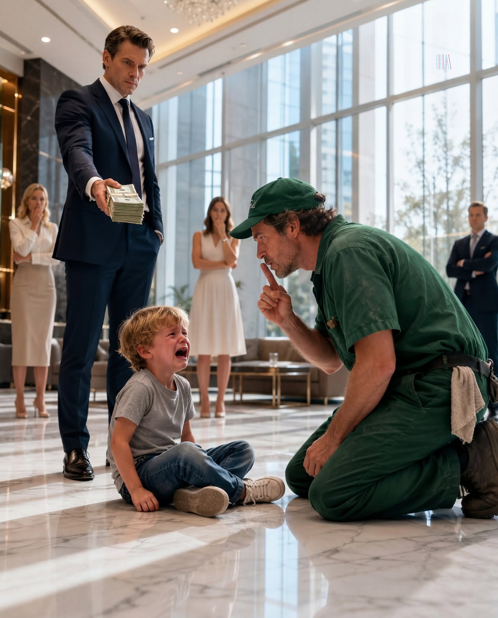 The silence in the Cole Meridian lobby was heavy, almost suffocating. The digital wall was dark. The fountain was dead. Dozens of high-paid executives, Ivy League child psychologists, and armed security guards held their breath, watching a forty-five-year-old man in a grease-stained maintenance uniform sit on the cold marble floor.