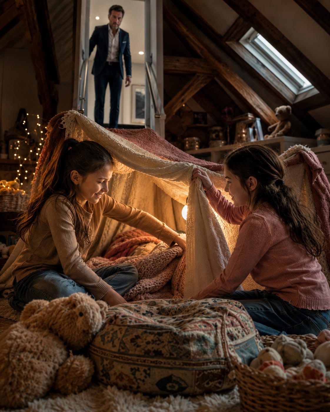 A BILLIONAIRE CATCHES HIS DAUGHTER HIDING A POOR GIRL IN HIS MANSION — HIS NEXT MOVE SHOCKS EVERYONE  Malcolm Reed thought his mansion was empty every night because grief had made it quiet.  Then he came home early and heard children whispering above the second floor.  When he pulled down the attic ladder, he found his five-year-old daughter hiding a homeless girl with cookies, blankets, and one promise no adult had bothered to make.  The alarm clock rang at 5:30 in the morning, exactly as it did every day.  Malcolm reached across the king-size bed and silenced it before the second chime could echo through the master suite. Not that there was anyone beside him to wake. The bed was too large now. The room too still. The entire three-story mansion in Riverside Heights seemed designed to swallow sound before it could become life.  He sat up slowly, pushing one hand through hair already showing gray at the temples.  At forty-two, Malcolm still looked like the kind of man people trusted with tall buildings, impossible numbers, and negotiations that could change city skylines. His real estate empire had built luxury towers, shopping complexes, private communities, and riverfront developments across three states.  He had money.  Influence.  A mansion with white columns, polished oak floors, antique lighting, and a garden large enough for three families to play in without crossing paths.  But lately, Malcolm had begun to feel like he was living inside one of the houses he sold.  Beautiful from the street.  Hollow behind the doors.  The shower was quick. His shave precise. Dark gray suit. Navy tie. Italian shoes. Watch. Cufflinks. Pocket square.  Everything in its place.  Everything perfect.  Exactly how Sarah used to say he looked when he had a boardroom to conquer.  Sarah.  The name stopped him in front of the bathroom mirror.  Two years and four months.  That was how long she had been gone.  And yet some mornings, especially quiet ones, Malcolm still expected to see her leaning in the doorway with a mug of coffee and that half-amused smile on her face.  “Malcolm Reed,” she used to say, “you dress like you’re going to negotiate with God.”  And he would answer, “Only if God owns land downtown.”  She would laugh.  The memory hurt because it still sounded alive.  “Daddy?”  The small voice came from the bedroom doorway.  Malcolm turned.  Maisie stood there in her pajamas, hugging a worn stuffed rabbit with one floppy ear. Her curly brown hair was messy from sleep, and her dark eyes looked too awake for dawn.  “Good morning, princess.” He lowered himself to one knee. “You’re up early.”  “I had a nightmare.”  His chest tightened.  “What happened?”  She rubbed one eye with her fist.  “I dreamed you left and never came back.”  The sentence landed quietly.  That made it worse.  Malcolm pulled her into a quick hug, breathing in baby shampoo and warm blankets.  “Daddy always comes back,” he said.  The words sounded correct.  They did not sound warm.  Maisie held on for one extra second, as if trying to keep him there by force.  “Can I go to work with you today?”  “Not today, sweetheart. Daddy has important meetings.”  She looked down at the rabbit.  “Okay.”  That “okay” was too practiced for a five-year-old.  He heard it.  He chose not to examine it.  In the kitchen, Mrs. Henderson poured black coffee into his travel cup. She was sixty, Irish, patient, and firm in the quiet way of women who had raised other people’s children long enough to know rich houses were not always happy houses.  “She woke early again,” Mrs. Henderson said. “Nightmares.”  “She’ll be fine.”  “Sir, if I may… Maisie could use more time with you. She asks every day when you’ll be home.”  For one fragile second, Malcolm almost turned around and went back upstairs.  Almost.  “She has everything she needs,” he said. “Good school. Good food. Toys. Clothes. You. That’s what matters.”  Mrs. Henderson did not argue.  That made it worse.  By evening, Malcolm returned home earlier than usual because an investor meeting had been canceled. For once, he did not fill the empty time with another obligation.  He walked into the mansion at 5:40.  “Maisie?”  No answer.  The kitchen was empty. Her schoolbooks were on her desk. Her bedroom door stood open.  Then he heard it.  Whispers above the second floor.  Children’s voices.  He followed the sound down the hallway and saw the attic rope hanging loose. The folding ladder was pulled down. A faint yellow glow spilled from above.  Malcolm climbed slowly.  “Do you think your dad will come home soon?” a little voice whispered.  “I hope not,” Maisie answered.  “What if he finds out?”  “Then I’ll explain. My dad’s nice. He’ll understand.”  Malcolm froze on the ladder.  My dad’s nice.  When was the last time his daughter had said that about him?  He climbed the rest of the way.  The attic floor creaked.  Both girls froze.  Cookies scattered across a paper plate. A blanket lay over an old mattress. A water bottle, books, and a tiny lamp sat in the corner like someone had built a secret home out of leftovers.  Maisie jumped to her feet.  “Daddy! You’re home early.”  Behind her, a small girl with dark curls shrank back, terrified.  Malcolm looked at the hidden bed.  Then at his daughter.  “Maisie,” he said carefully, “who is your friend?”  Her chin trembled.  “This is Evie,” she whispered. “She had nowhere else to sleep.”  ...Read more in C0mment 👇