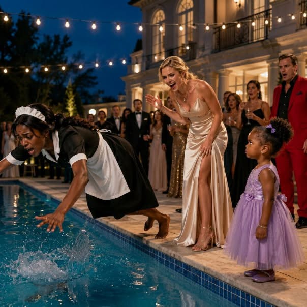 The annual Hargrove Summer Gala was in full swing around the illuminated infinity pool. Wealthy investors, socialites, and celebrities sipped vintage champagne under draped silk lights. Rosa moved quickly between tables, clearing empty glasses, her body exhausted, her spirit tired. She kept her eyes low, conscious of Vivian's razor-sharp glare from across the deck.