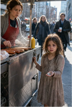 Lena flinched, her knees still pressed against the cold, damp pavement where she knelt before the little girl. She didn’t need to turn around to know who it was. The heavy, dragging footsteps, the smell of cheap cigars mixed with stale grease, and the sheer malice vibrating in the air could only belong to one person: Arthur Vance, the owner of the hotdog cart and the man who held Lena’s miserable livelihood in his calloused hands.