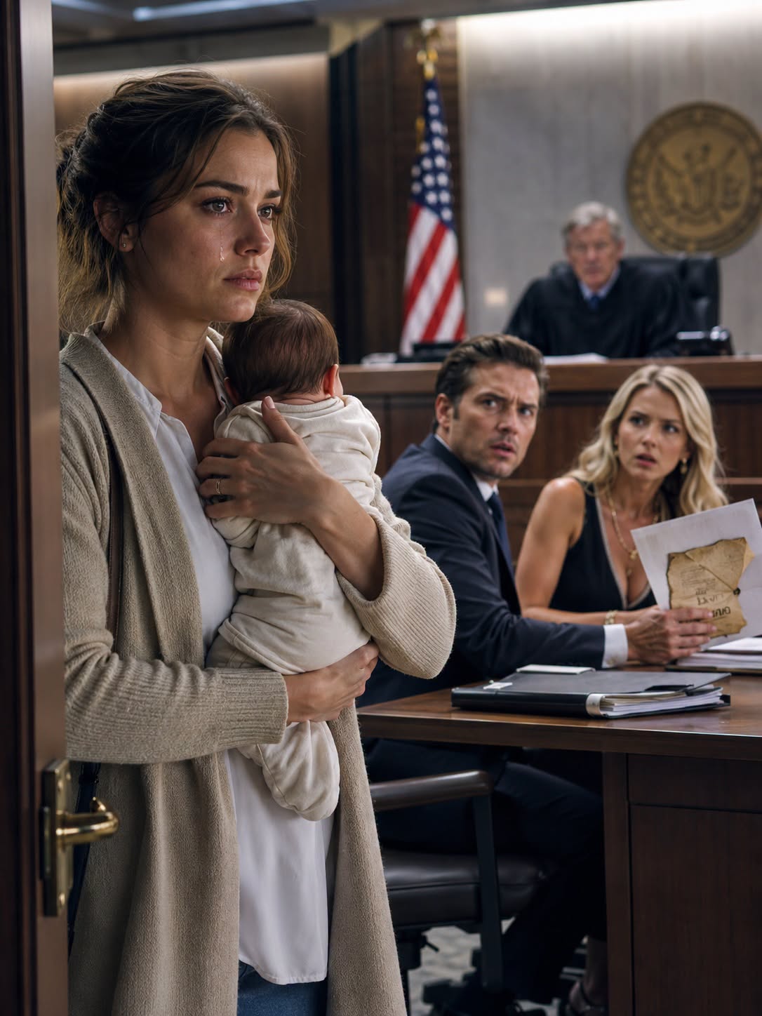 Julian’s eyes locked onto Clarabel, his gaze cold, calculating, and entirely devoid of the warmth that had once defined their marriage. Beside him, Sabrina Cole adjusted her posture, her smug smile widening as she watched Clarabel struggle to balance her sleeping baby and her heavy diaper bag.