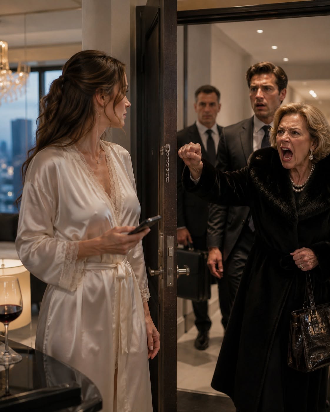The red indicator light on the hallway camera blinked steadily, framing Eleanor’s face in a distorted, fisheye lens. Her cheeks were flushed with a mottled, violent red that clashed fiercely with the cream-colored fur of her coat. Beside her, Anthony looked less like a corporate executive and more like a cornered animal, frantically whispering something to the taller of the two men in dark suits