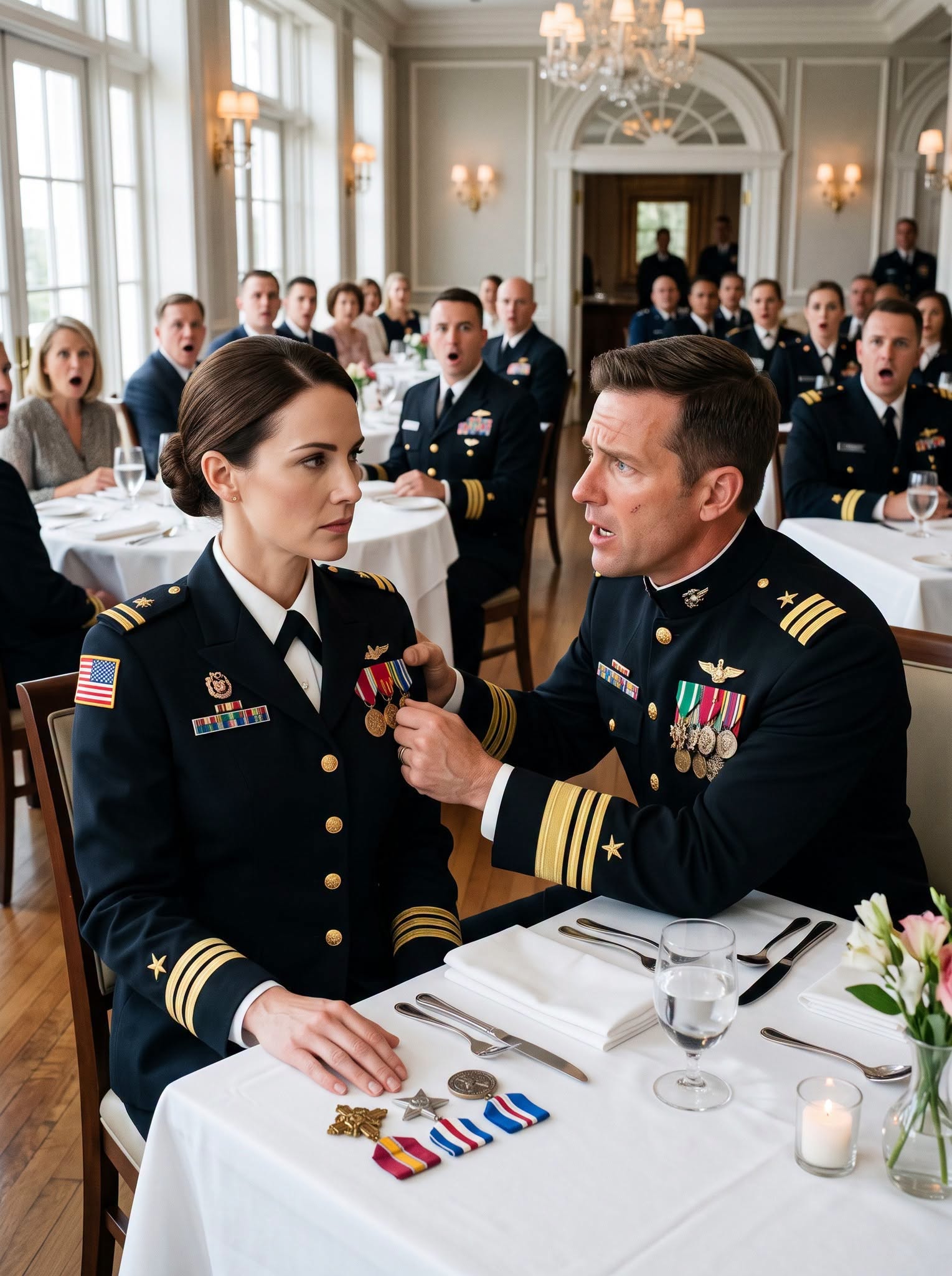 "SHE PLANTED AN ADMIRAL'S MEDAL ON HIS TABLE—BUT HIS BIGGEST MISTAKE WAS THINKING SHE WAS JUST A CLERK." The Navy Commander Thought He Was Commanding a Blind Date. He Didn't Know He Was Seated Across His Ultimate Reckoning.