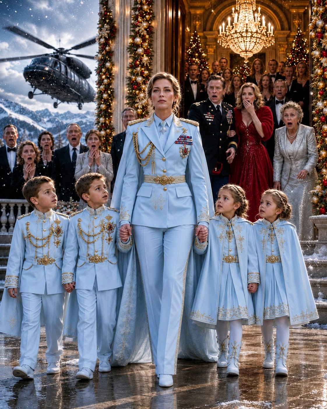 The grand hall of the Fort Carson estate was so quiet you could hear the logs hissing and popping in the massive stone fireplace. Every eye in the room—retired generals, high-ranking officers, elegant socialites, and stunned cousins—was locked onto the four small figures standing beside me.