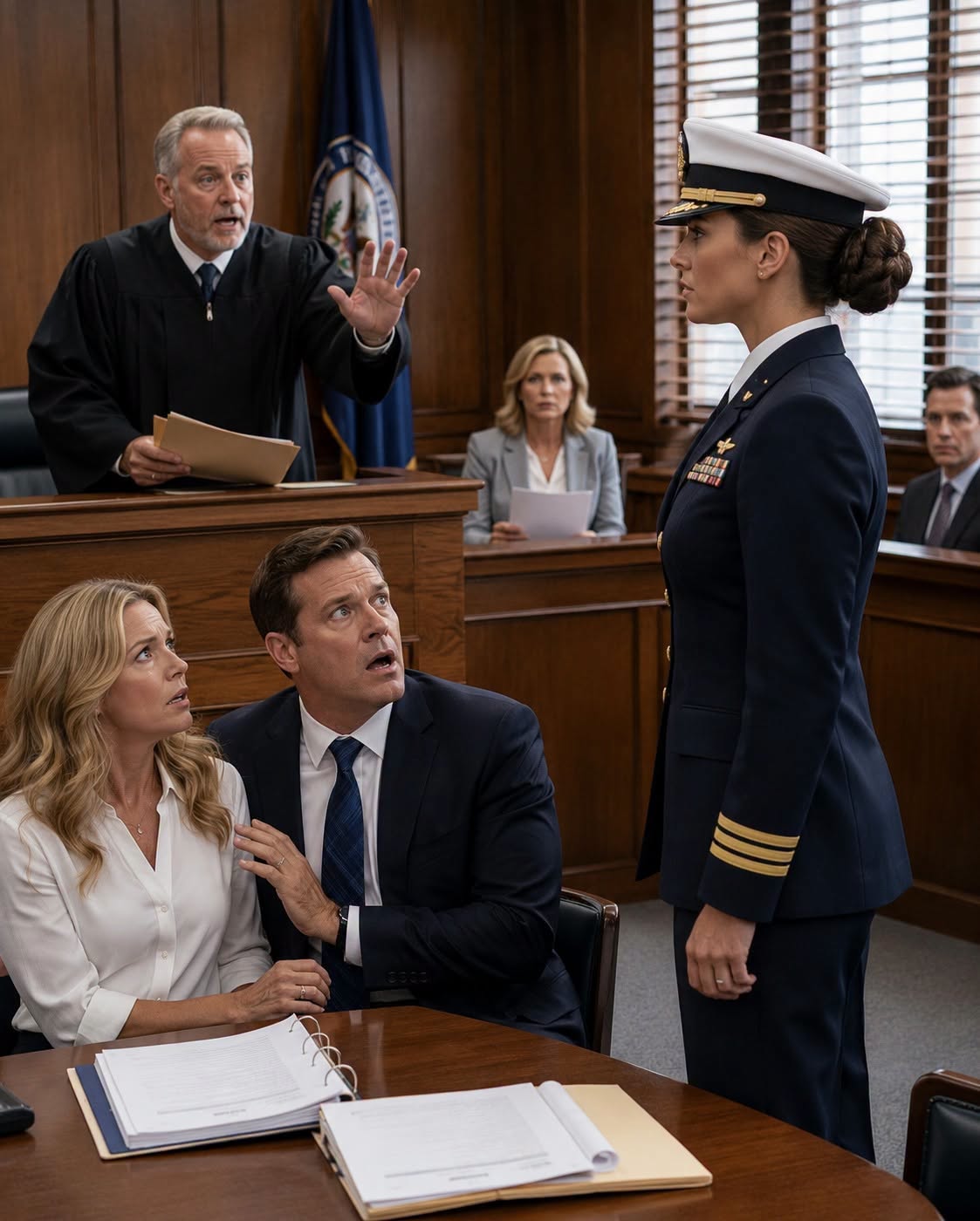 Judge Simmons adjusted his heavy horn-rimmed glasses, his eyes lingering on the silver oak leaf pinned to my collar. The silence in Courtroom 3B was absolute; you could hear the harsh hum of the fluorescent lights and the nervous intake of breath from my mother three rows back.