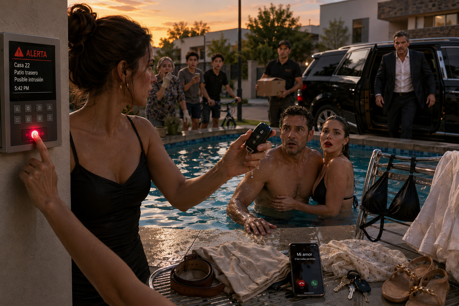 At 5:42 P.M., She Found Her Husband in the Pool with the Neighbor… But One Button Exposed a Secret That Destroyed Two Families Forever