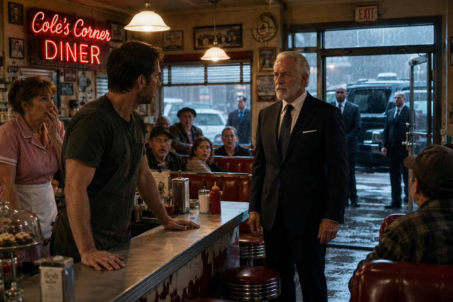 "They Mocked a Broke Diner Owner for Feeding a Homeless Man—Minutes Before the Bank Took Everything, a Convoy of Black SUVs Changed the Whole Town Forever"